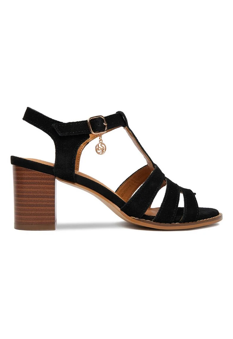 Sandale dama,  piele naturala, negru/maro, toc clasic