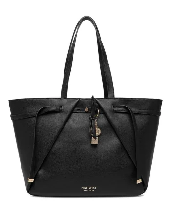 Geanta shopper,  neagra, One Size INTL, cu detalii din ciorchini si fundita detasabila