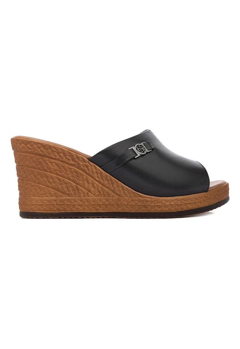 Papuci cu platforma dama,  piele naturala, negru, elastic