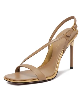 Sandale dama,  piele naturala, bej/auriu, stiletto, cu catarame
