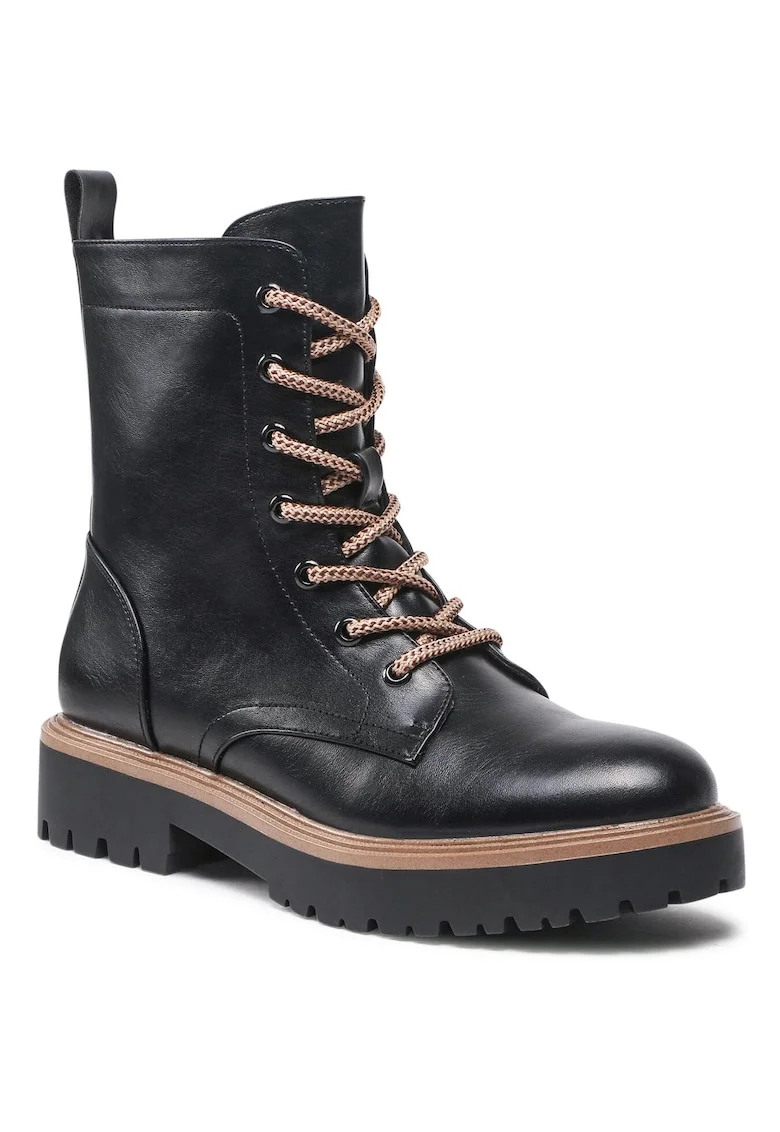 Ghete dama,  piele ecologica, negru, detalii bej, fermoar, Negru