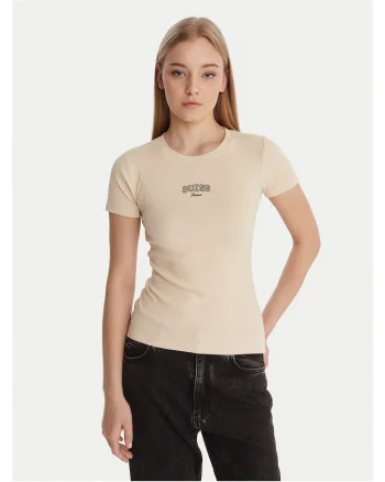 Tricou dama,  slim fit, bej, bumbac/elastan