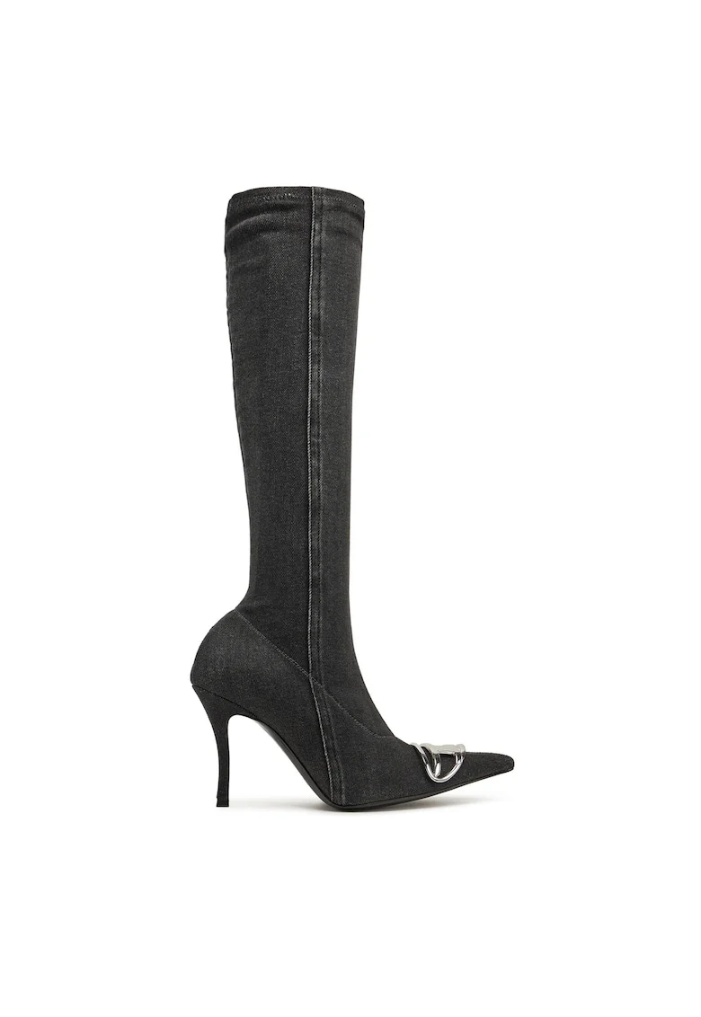 Cizme dama,  stiletto, negru, material textil,
