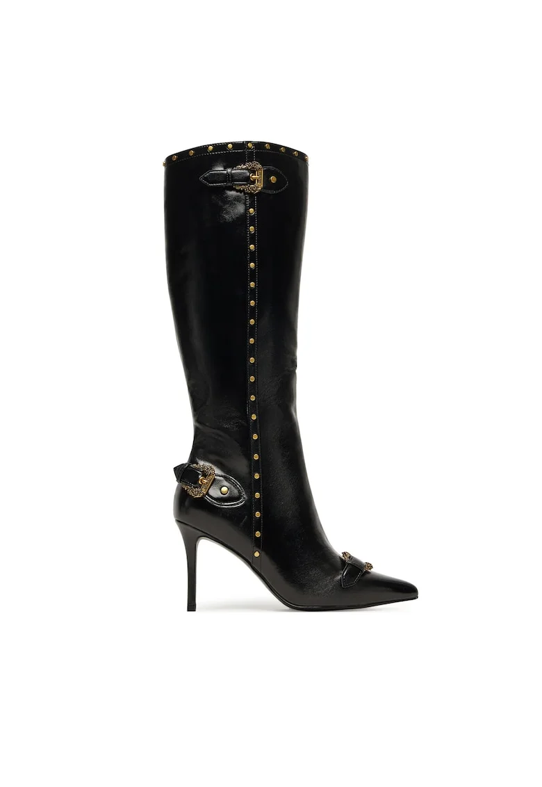 Cizme dama,  piele ecologica, negru, tocul stiletto, inchidere cu fermoar,