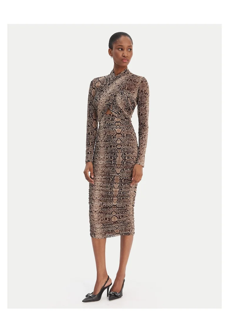 Rochie de cocktail  decolteu bardot, fermoar, maro, poliester