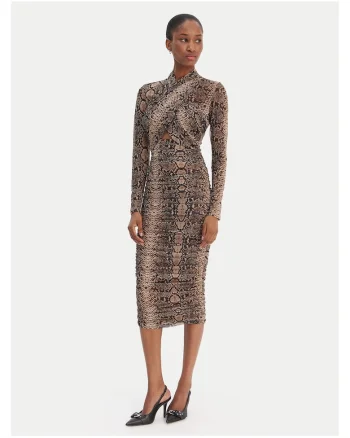 Rochie de cocktail  decolteu bardot, fermoar, maro, poliester