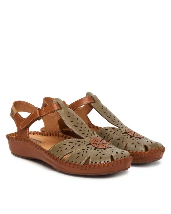 Sandale dama  piele naturala, verde/maro, sistem inchidere Velcro