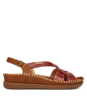 Sandale dama,  piele naturala, rosu/maro, sistem inchidere Velcro