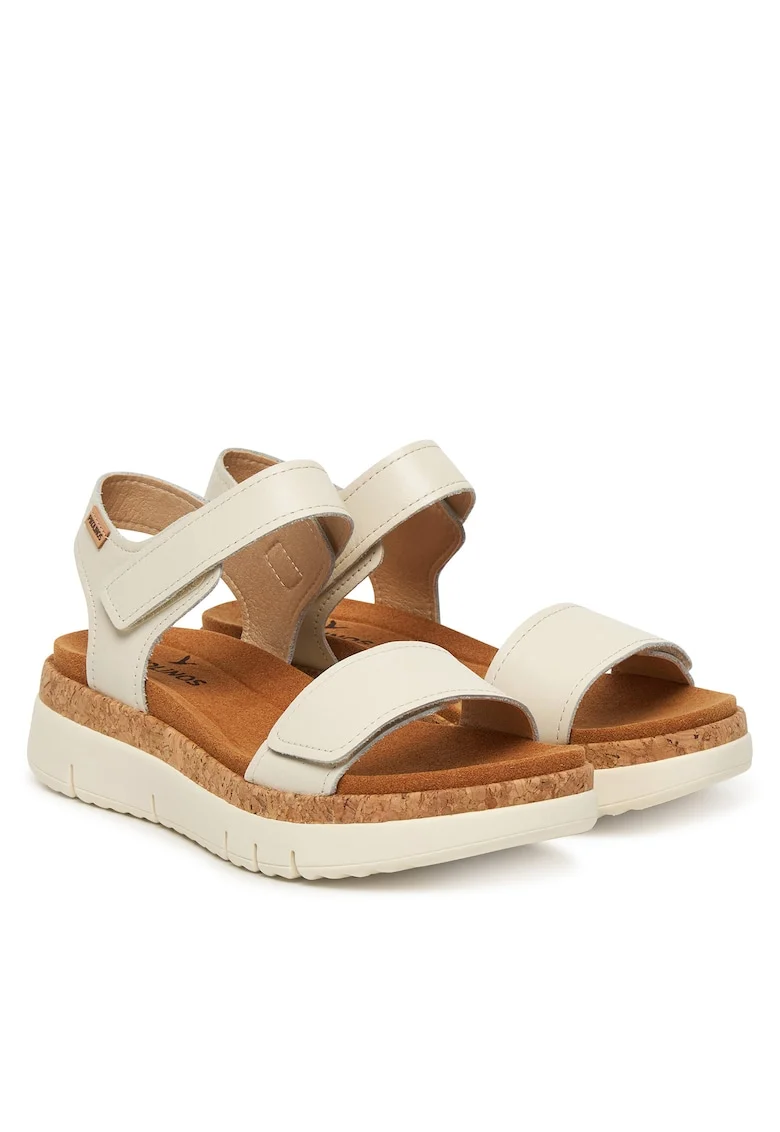 Sandale dama,  piele naturala, alb/maro, velcro