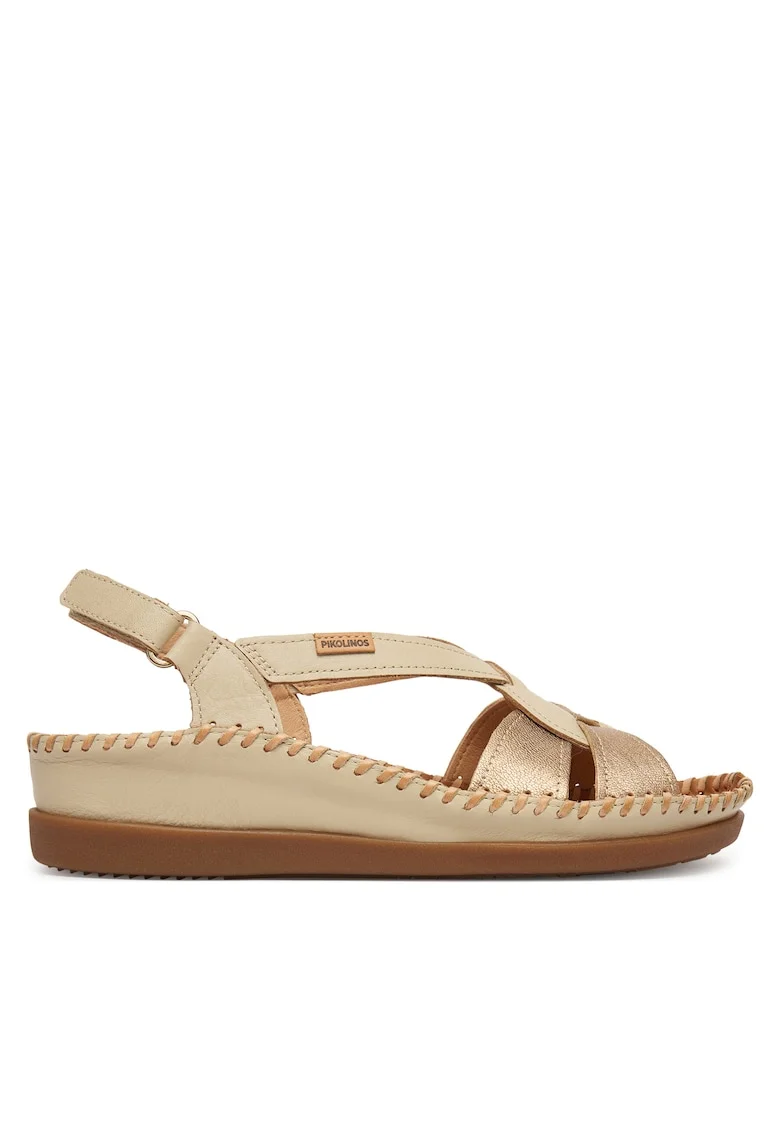 Sandale dama,  piele naturala, bej/auriu, sistem inchidere Velcro