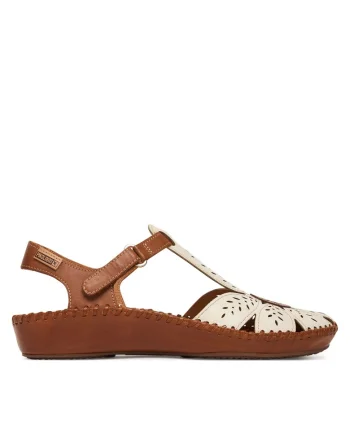 Sandale dama,  piele naturala, alb/maro, sistem inchidere Velcro