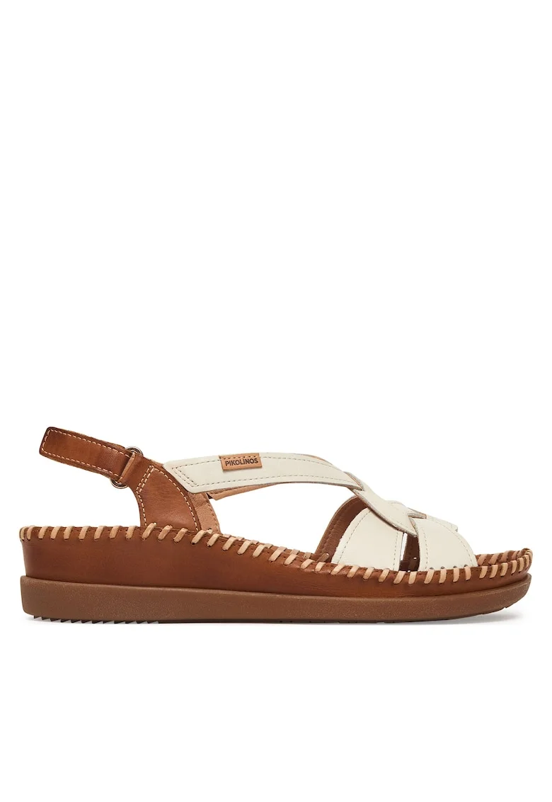 Sandale de dama,  piele naturala, alb/maro, sistem inchidere Velcro