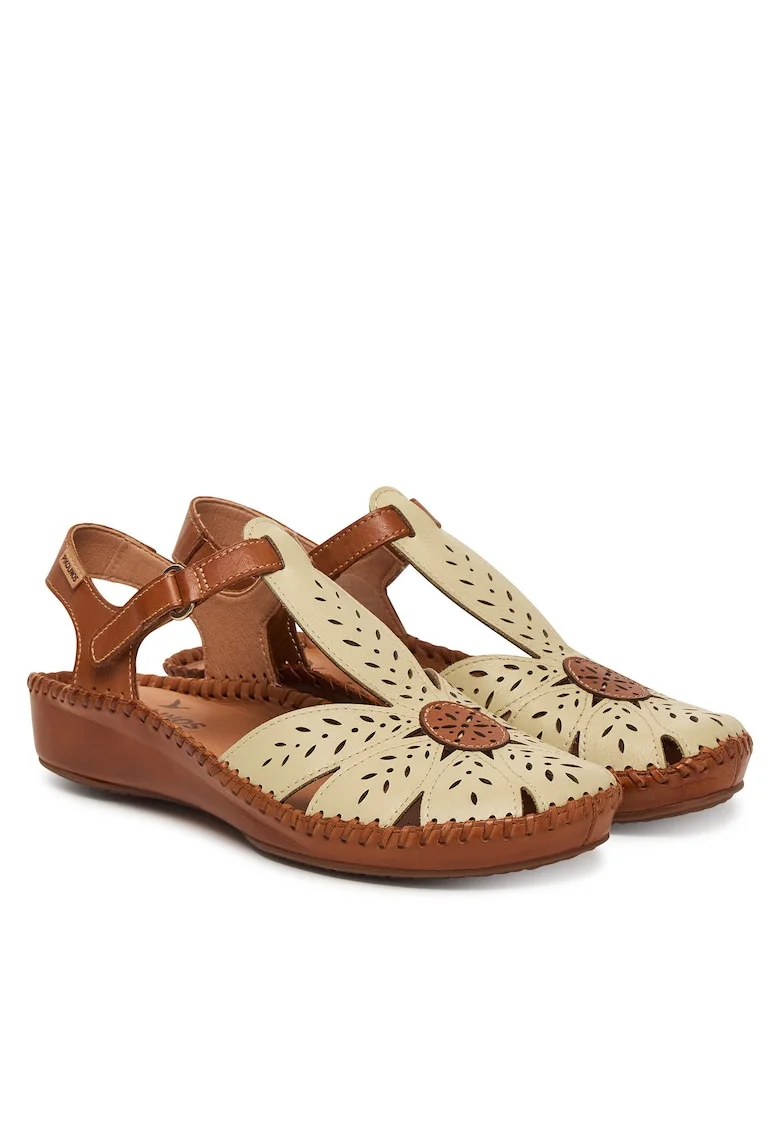 Sandale dama  piele naturala, bej/maro, sistem inchidere Velcro