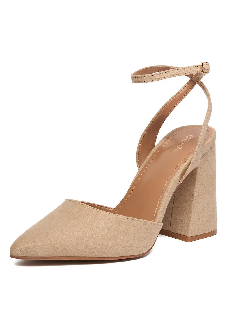 Pantofi dama,  material textil, toc bloc, bej