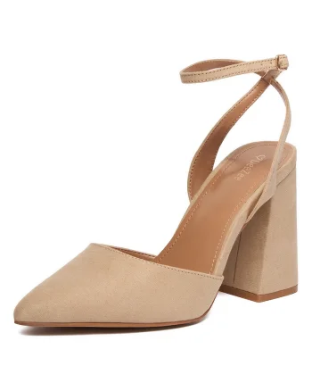 Pantofi dama,  material textil, toc bloc, bej