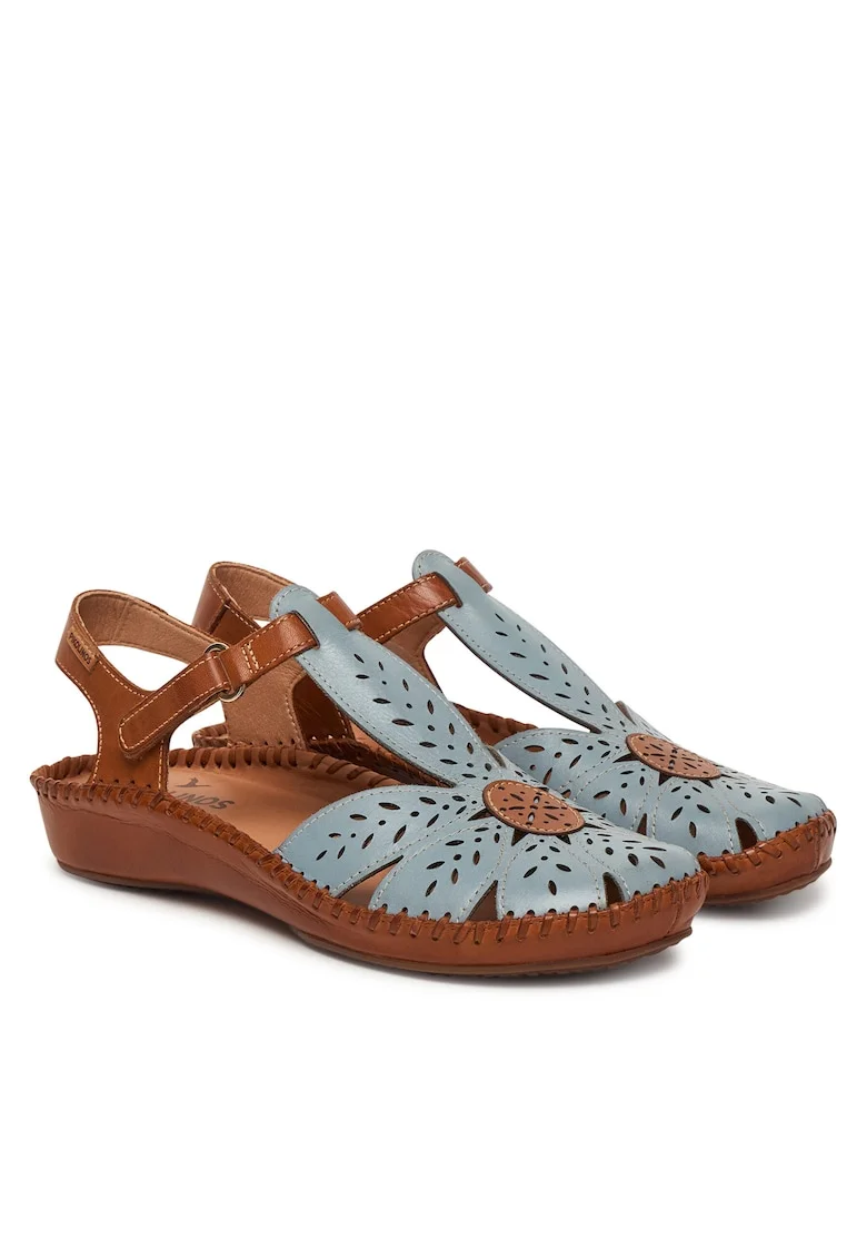 Sandale dama,  piele naturala, albastru/maro, sistem inchidere Velcro