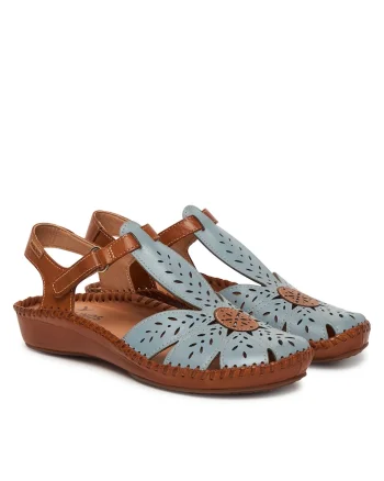 Sandale dama,  piele naturala, albastru/maro, sistem inchidere Velcro