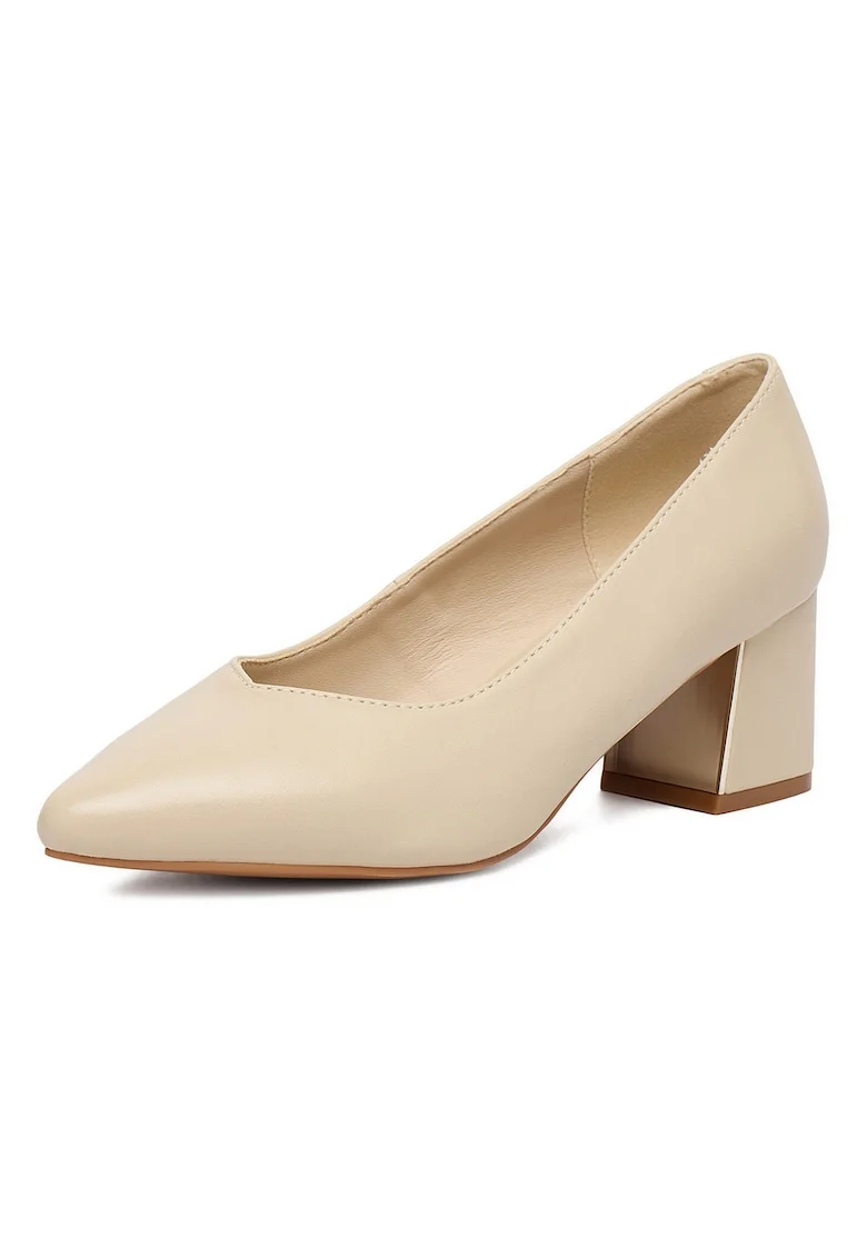 Pantofi dama,  bej, piele naturala, toc bloc