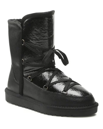 Botine dama,  piele naturala, insertie lacuita, negru
