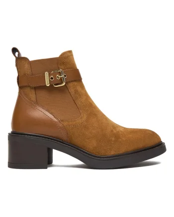 Botine dama,  piele intoarsa si piele naturala, maro, cu toc bloc