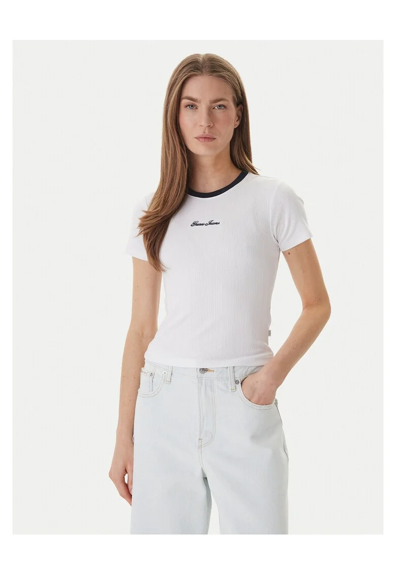 Tricou dama,  slim fit, alb, bumbac/modal/elastan