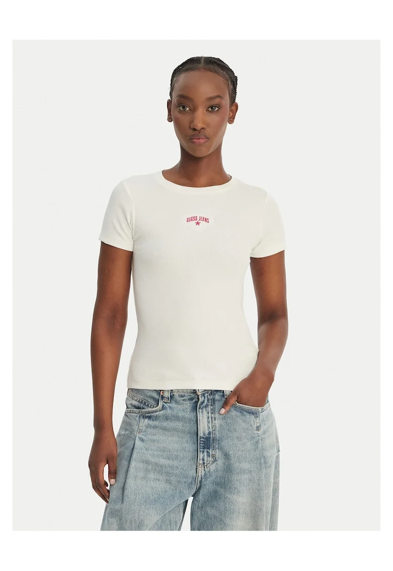 Tricou dama,  slim fit, ecru, bumbac/elastan