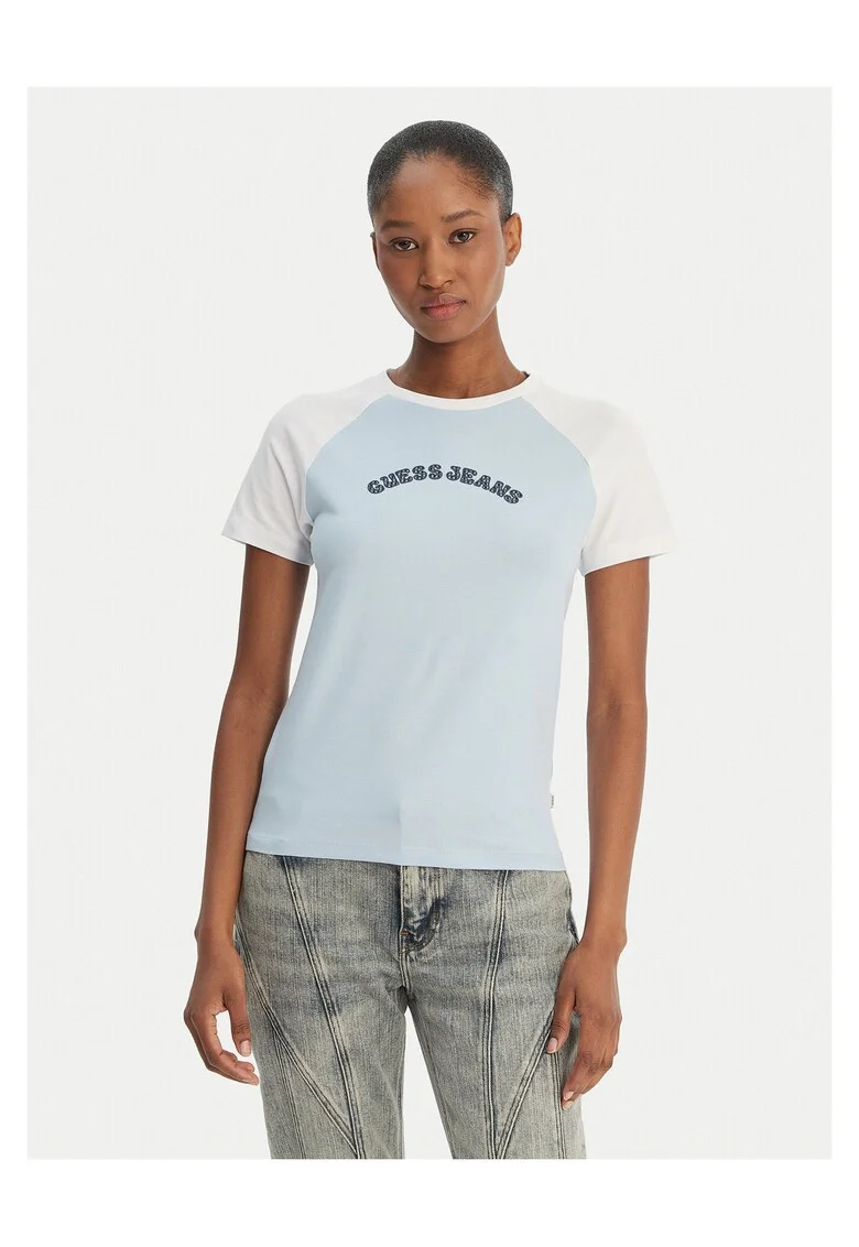 Tricou dama,  bumbac/elastan, albastru deschis/alb