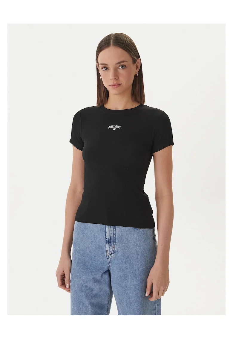 Tricou dama,  slim fit, negru, bumbac/elastan