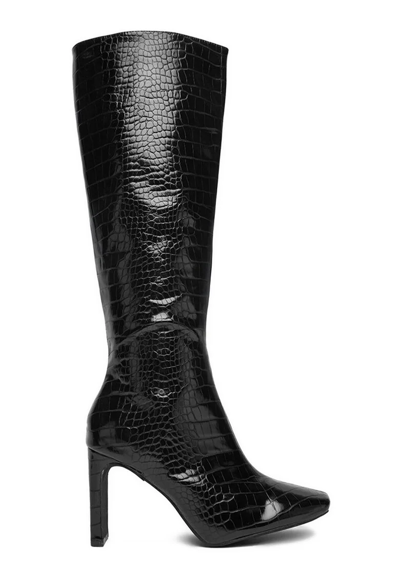 Cizme dama,  peste genunchi, toc clasic, negru, material sintetic,
