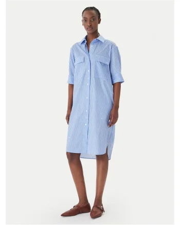 Rochie camasa Dama,  dungi, albastru, 69% bumbac, 26% nailon, 5% elastan