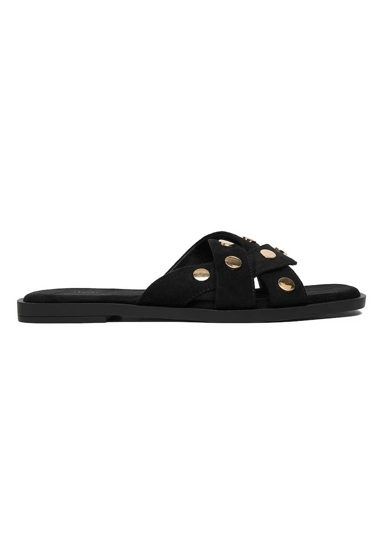 Papuci dama,  textil, negru, cu buline