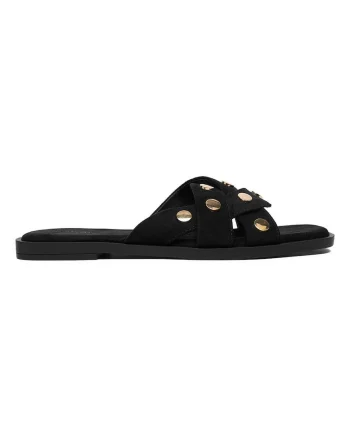Papuci dama,  textil, negru, cu buline