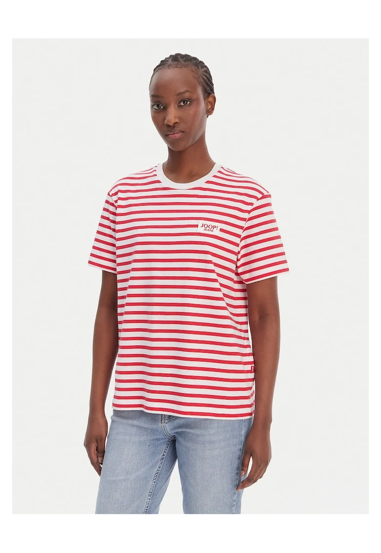 Tricou dama,  model dungi, alb/rosu, bumbac