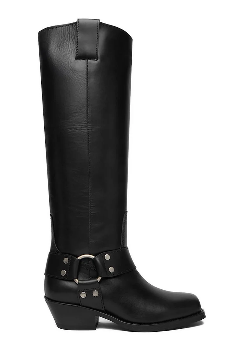 Cizme dama,  piele naturala, negru, tocul stabil, varf patrat