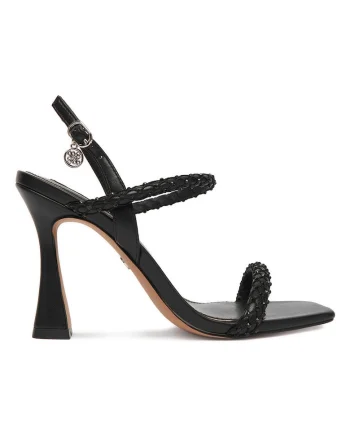 Sandale dama,  toc geometric, cristale elegante, negru, piele ecologica