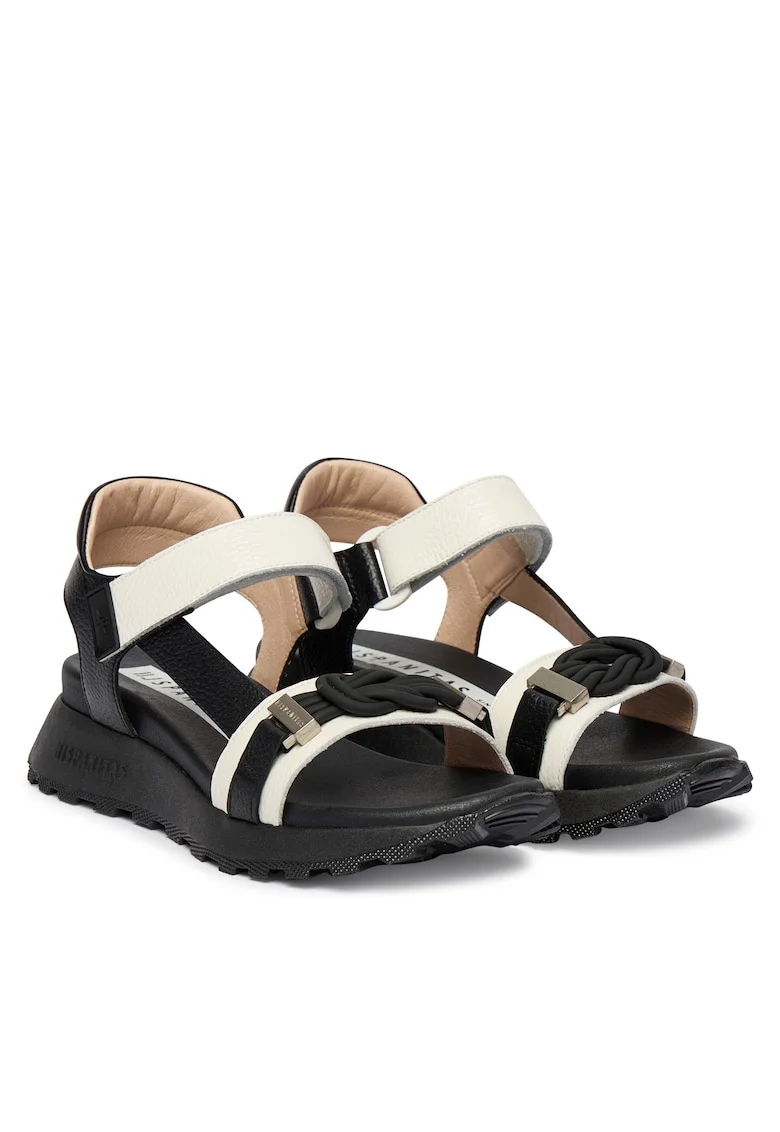 Sandale dama,  piele naturala, bej/negru, sistem inchidere Velcro