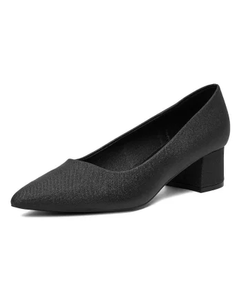 Pantofi dama,  toc bloc, varf ascutit, negru, sintetic