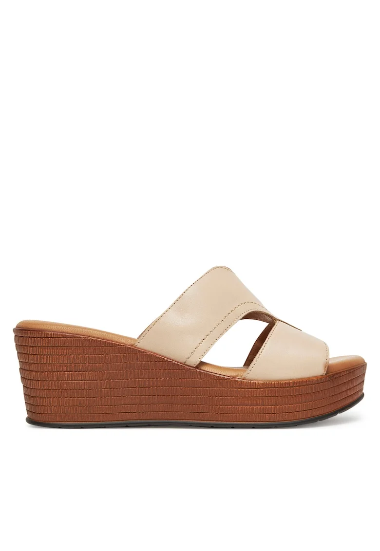 Papuci dama,  piele naturala, bej, platforma, varf deschis