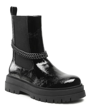 Botine dama,  piele lacuita, elastic, negru,