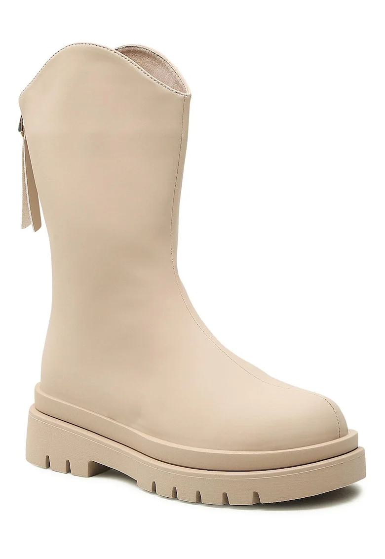 Botine dama,  bej, sintetic, cu fermoar,