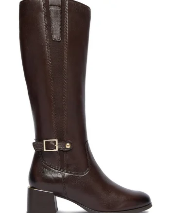 Cizme dama,  piele naturala, maro, tocul bloc, catarama decorativa