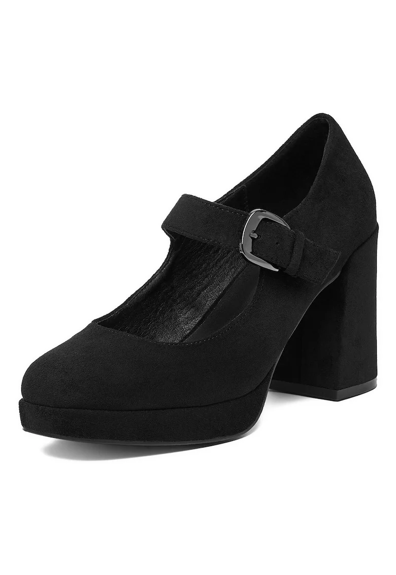 Pantofi dama,  textil, negru, toc gros, cu platforma