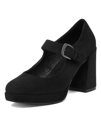 Pantofi dama,  textil, negru, toc gros, cu platforma
