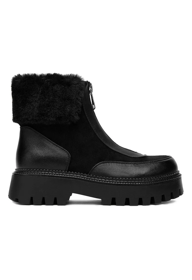 Botine dama,  negru, material sintetic, varf rotund, inchidere cu fermoar,