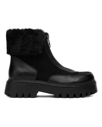 Botine dama,  negru, material sintetic, varf rotund, inchidere cu fermoar,