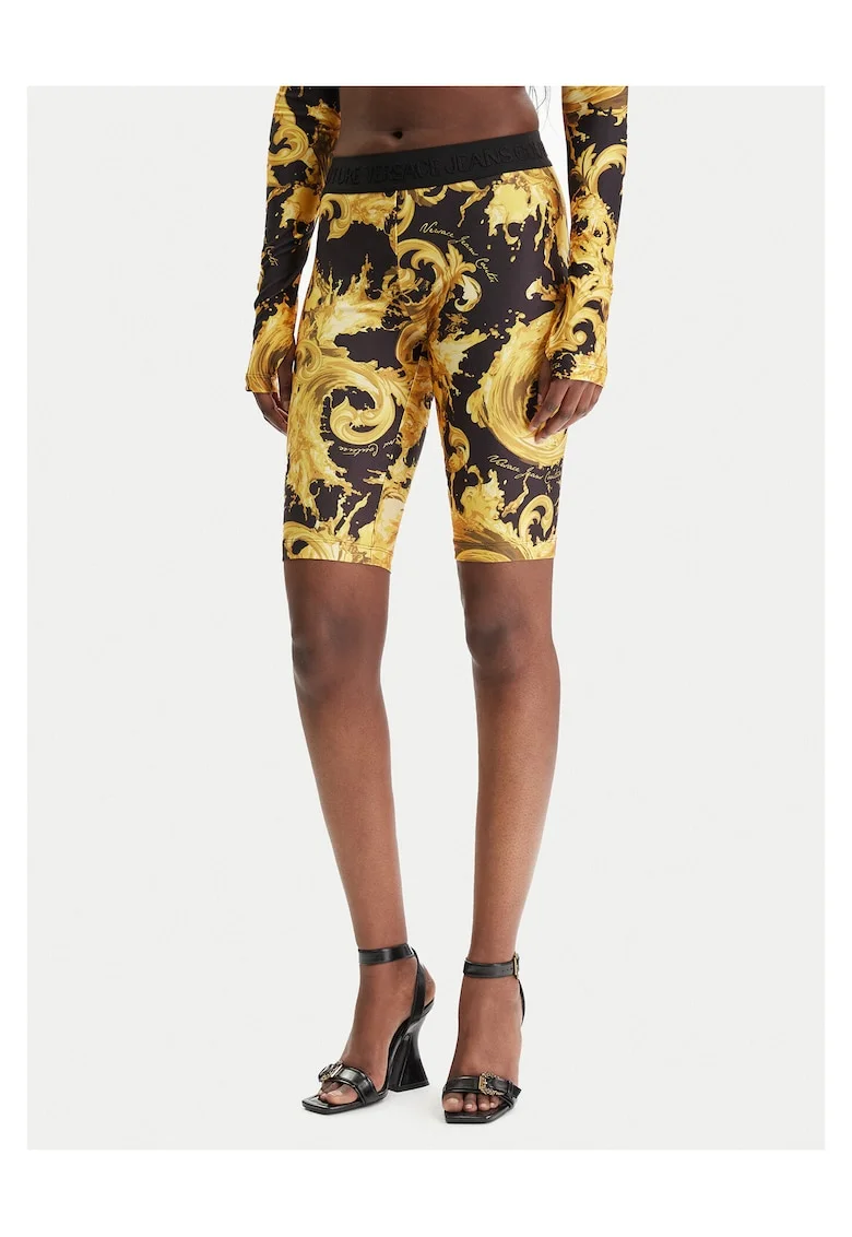 Pantaloni scurti dama,  Slim fit, Poliester, Negru/Auriu,