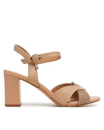 Sandale femei,  piele naturala, toc bloc, bej