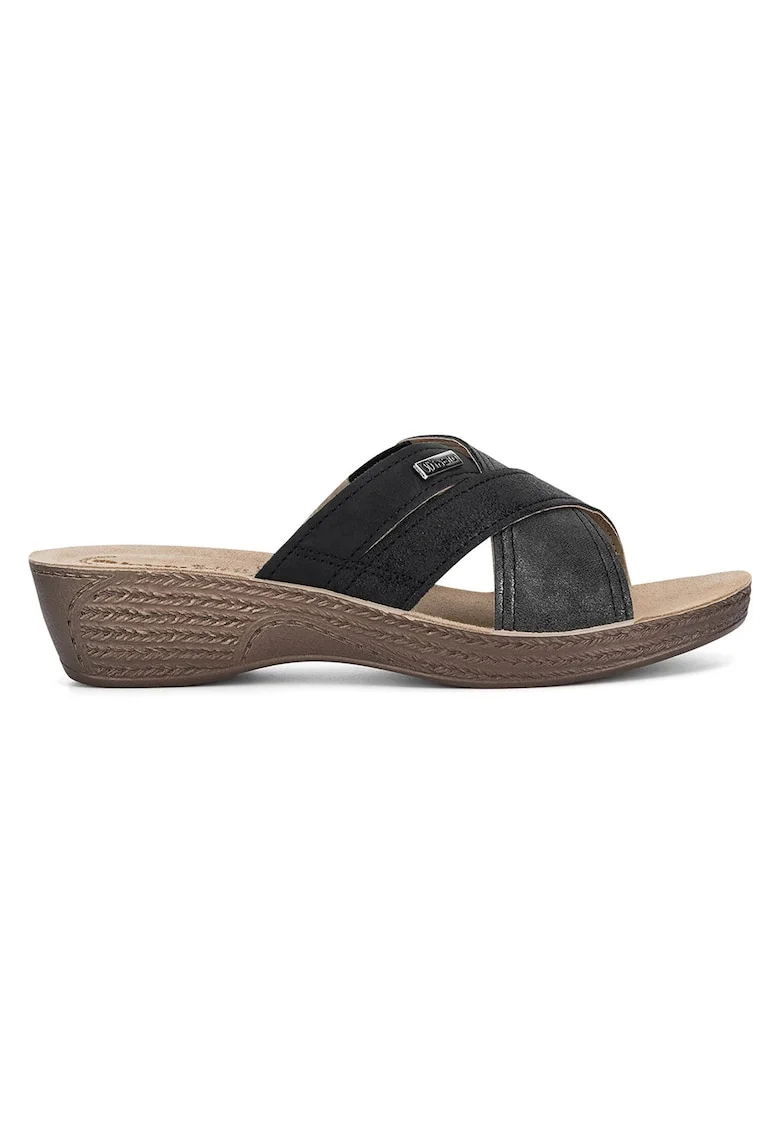 Papuci dama,  negru, sintetic, toc plat