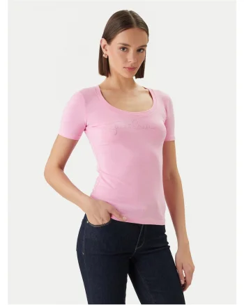 Tricou dama,  slim fit, roz, bumbac/elastan