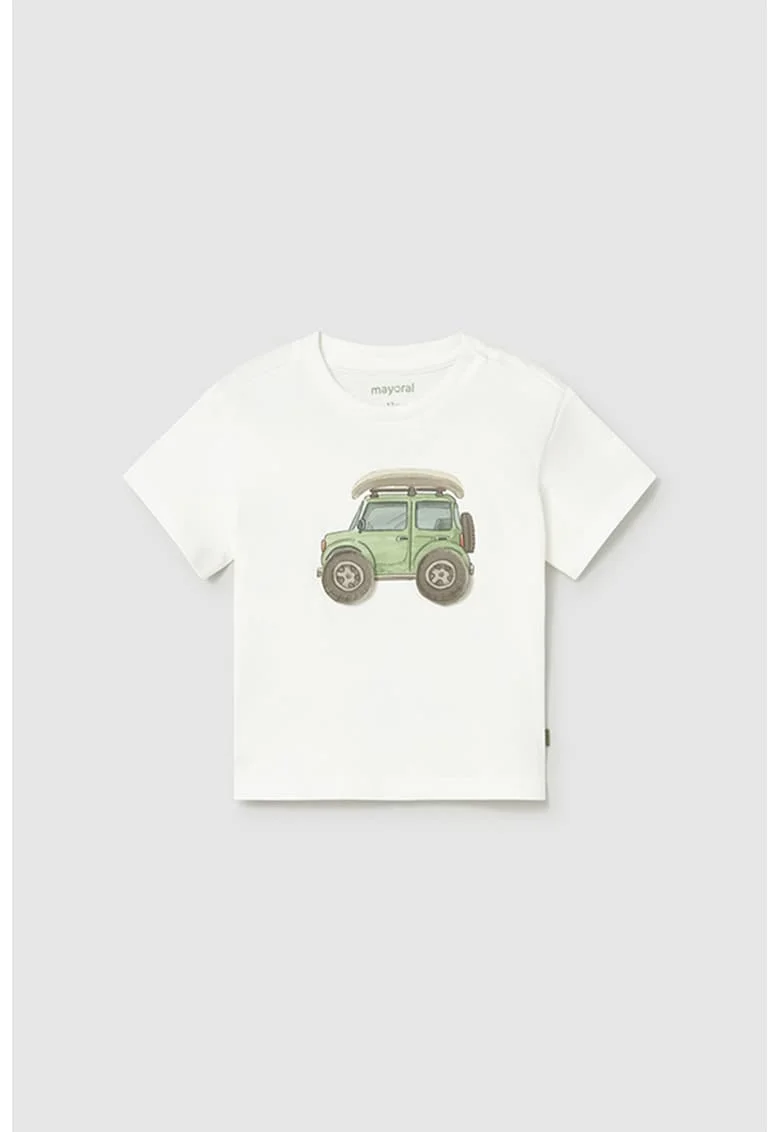 Tricou cu imprimeu Car, Alb/Maro taupe/Verde pal